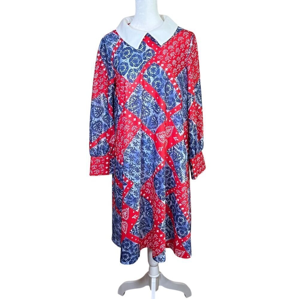 Vintage 1960s-70s Marian Sue Long Sleeve Mod Dress USA Large Collar Size L/XL